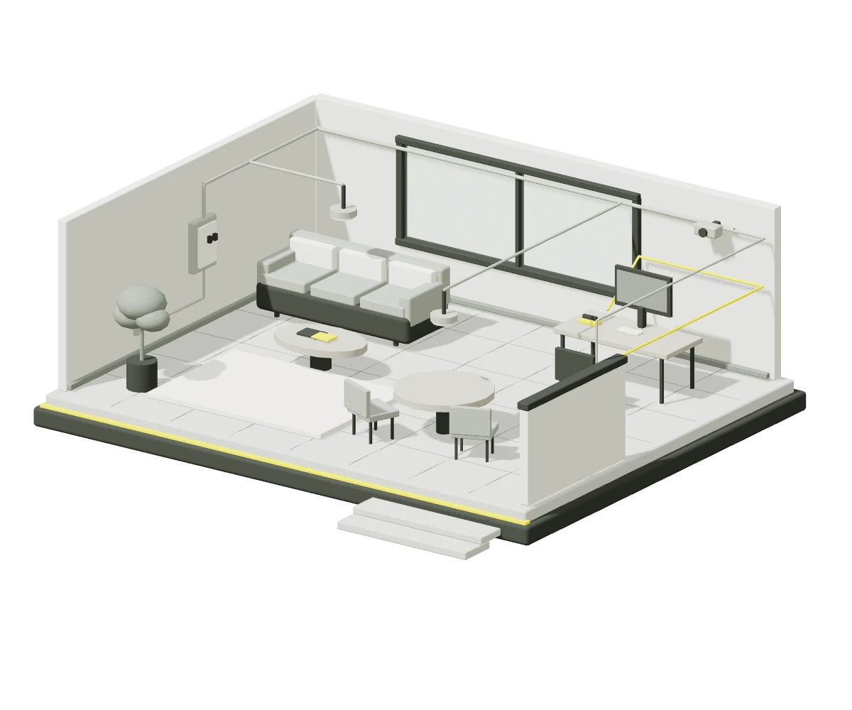 Maquete conceitual com o sistema de comunicação destacado.