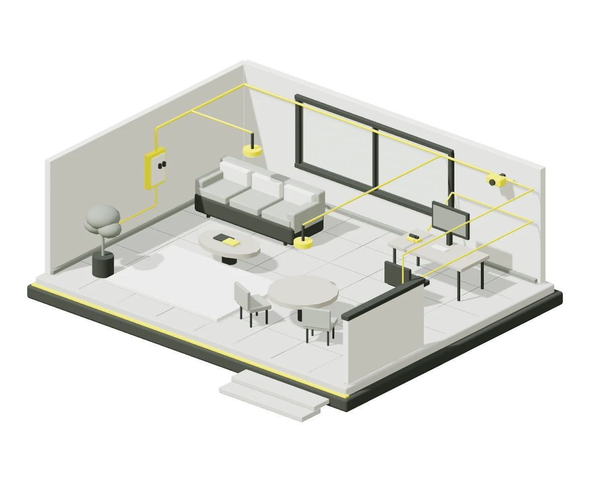 Maquete conceitual aberta de um espaço, com quadro elétrico, câmera de segurança e interfone destacados em amarelo.